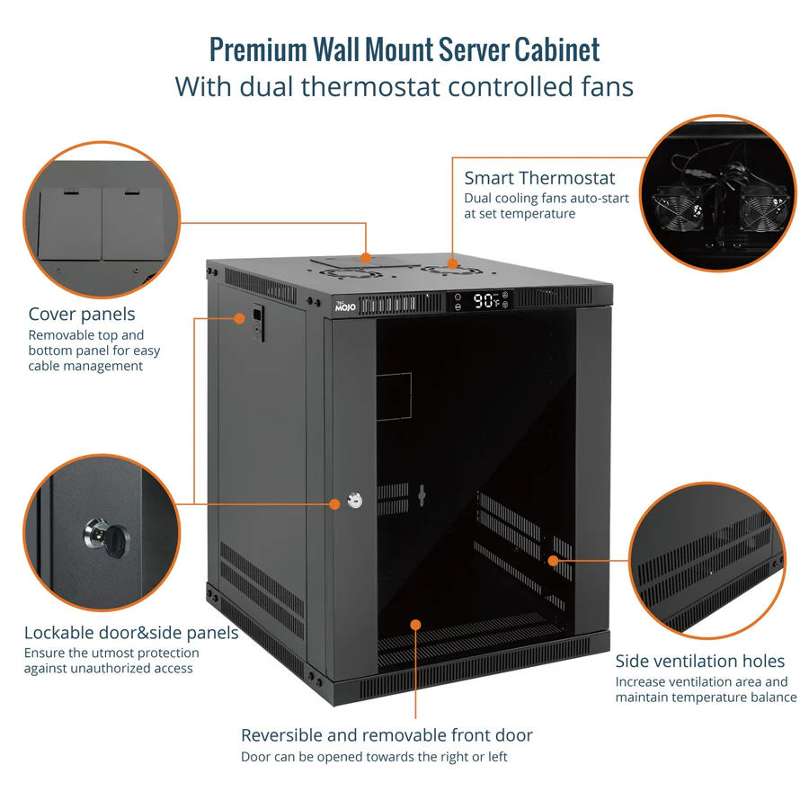 Premium 12U wall mount rack with cooling fans and glass door